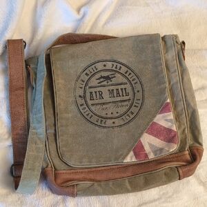 Olive Green Canvas Messenger Bag with Brown Trim and Air Mail Print